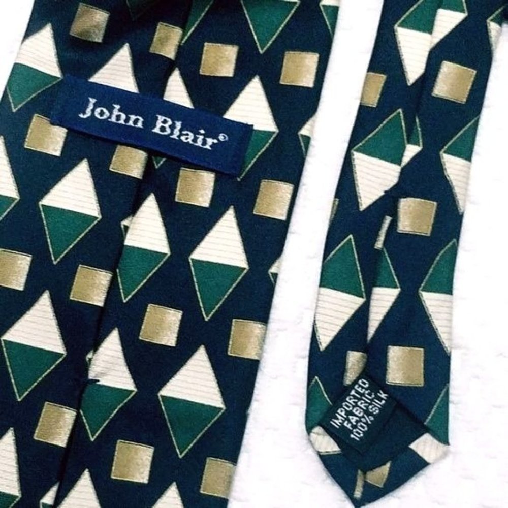 John Blair Green Black Diamond Print Silk Tie - Picture 3 of 3